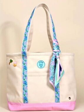 Vitamin A Cream Canvas Tote with Pink Base and Blue Floral-Trim Handles